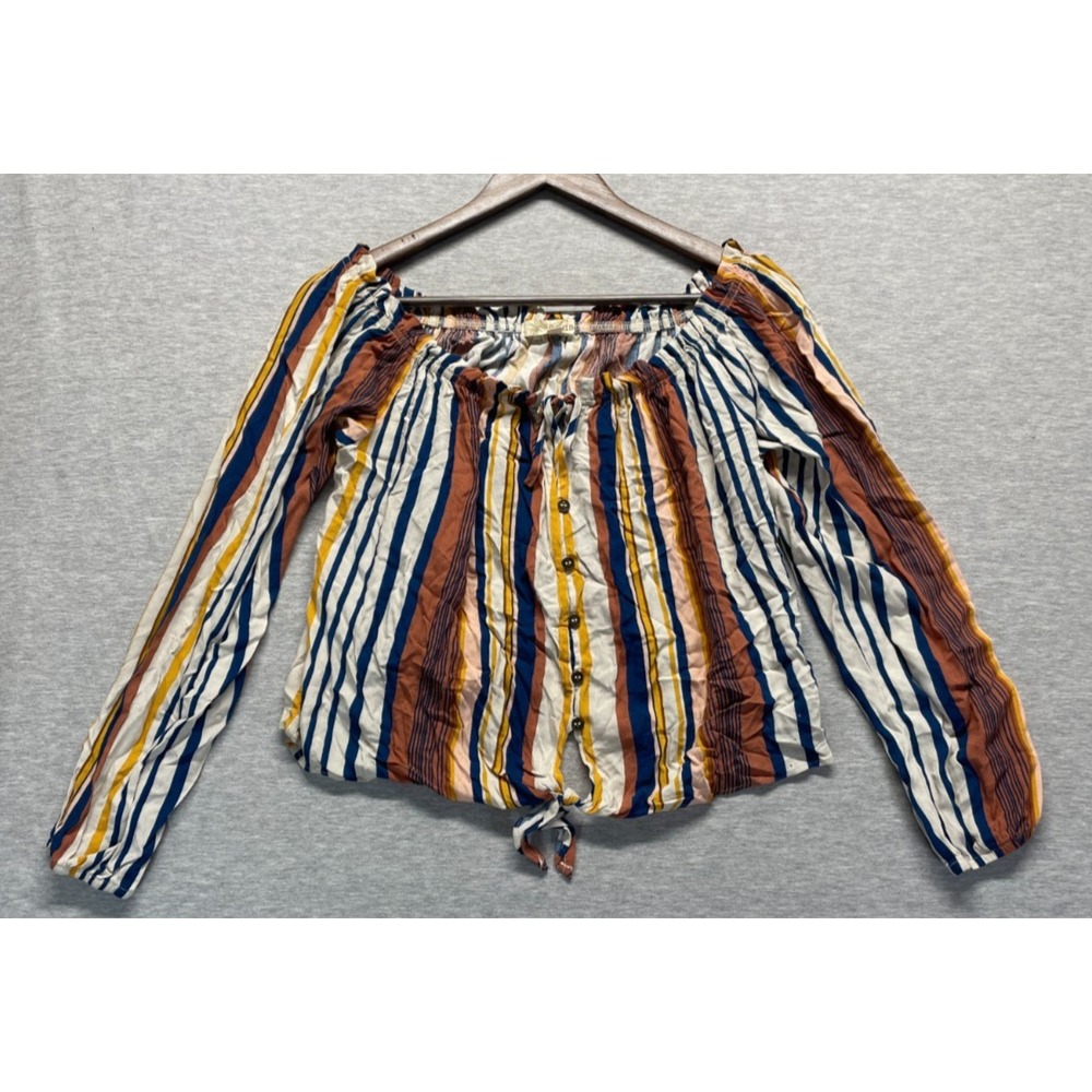 Rewind Blouse Top Womens Small Multi Striped Rayon Off the Shoulder Button Front
